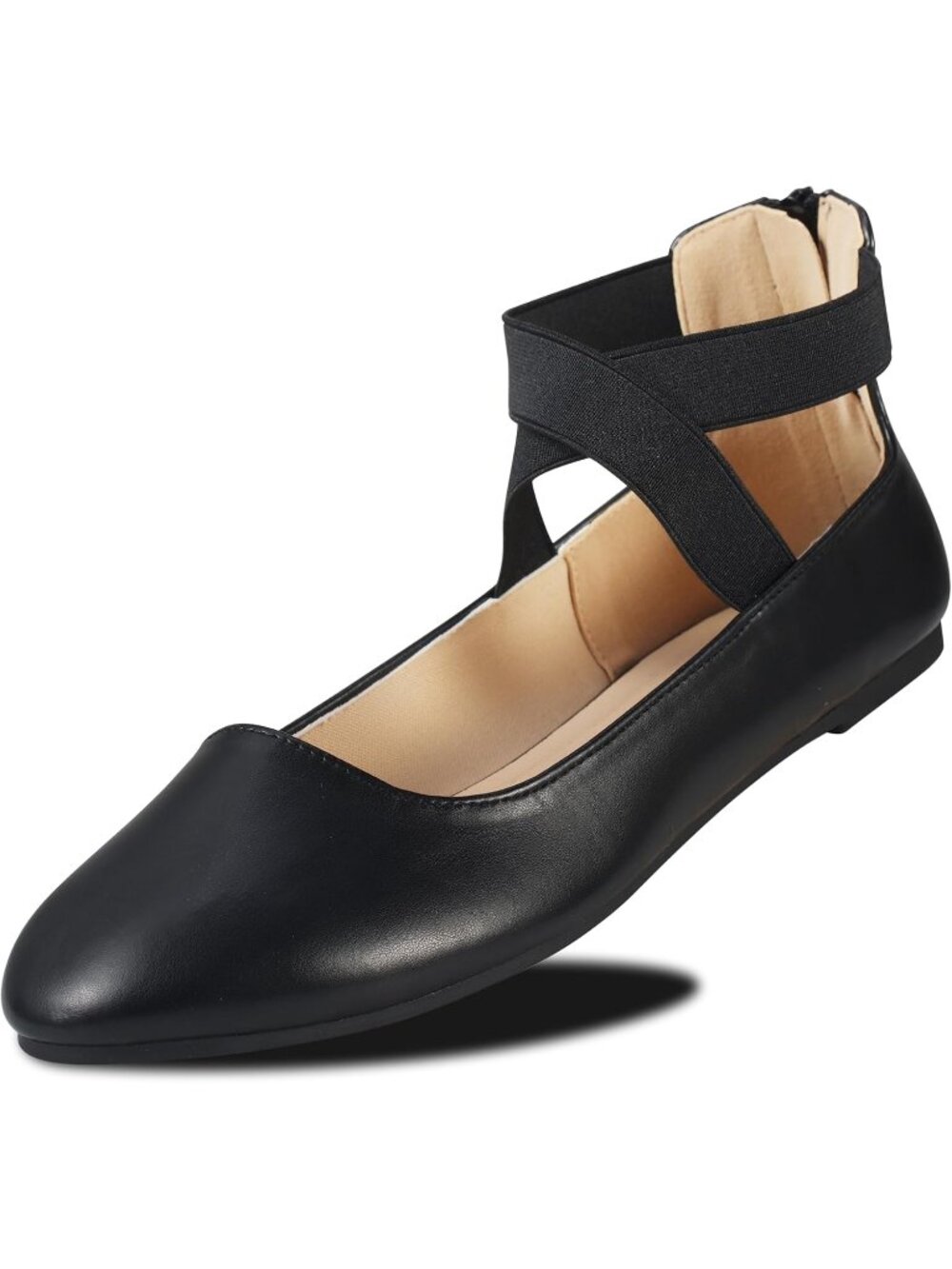 Women's All Black Foam Cushioned Closed Toe Criss Cross Elastic Strap Flat Shoes